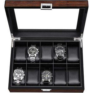 Mens Watch Display Box 10 Slot Organizer Glass Top Storage Case with Pillows